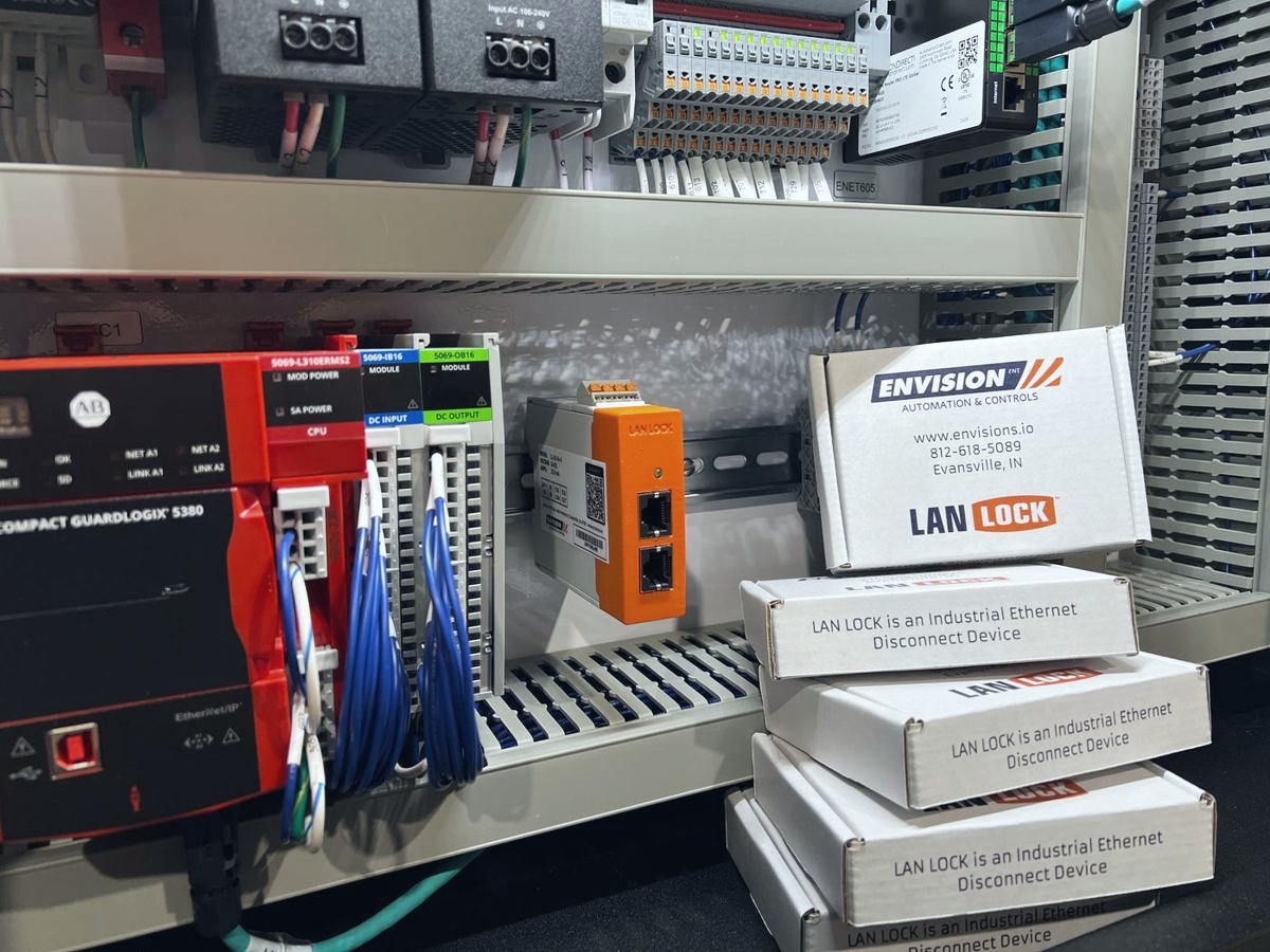 LAN Lock mounted on DIN rail in a control panel